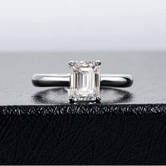 18k 2 cttw Emerald Cut Princess Moissanite Diamond Solitaire Ring - Picture 7 of 8